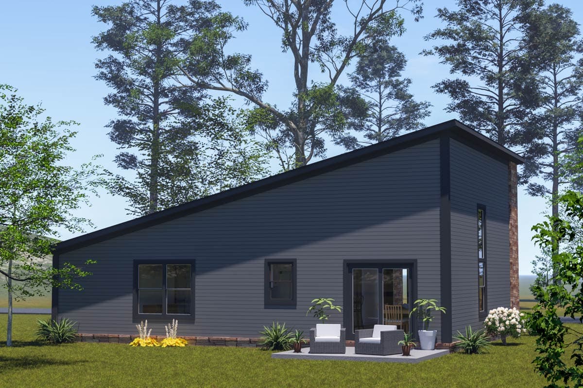 Modern house plan exterior with dark siding, shed roof, patio with seating, and vertical windows.