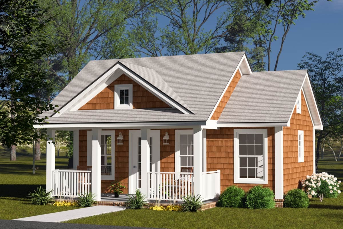 House plan exterior of a two-story Craftsman-style home with cedar shake siding, a front porch, and gabled dormers.