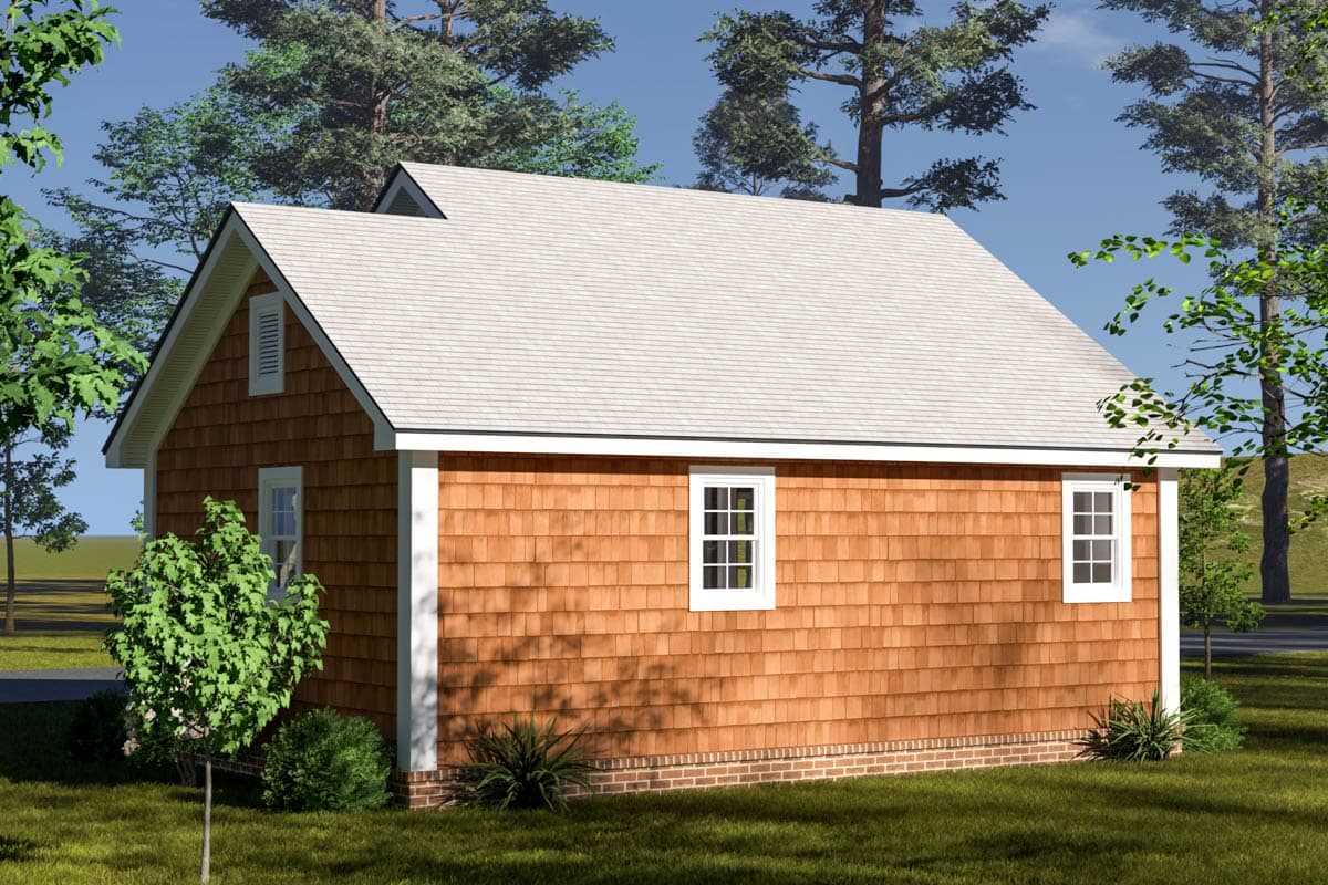 House plan exterior view of a one-story home with cedar shake siding, gable dormer, and white-trimmed windows.