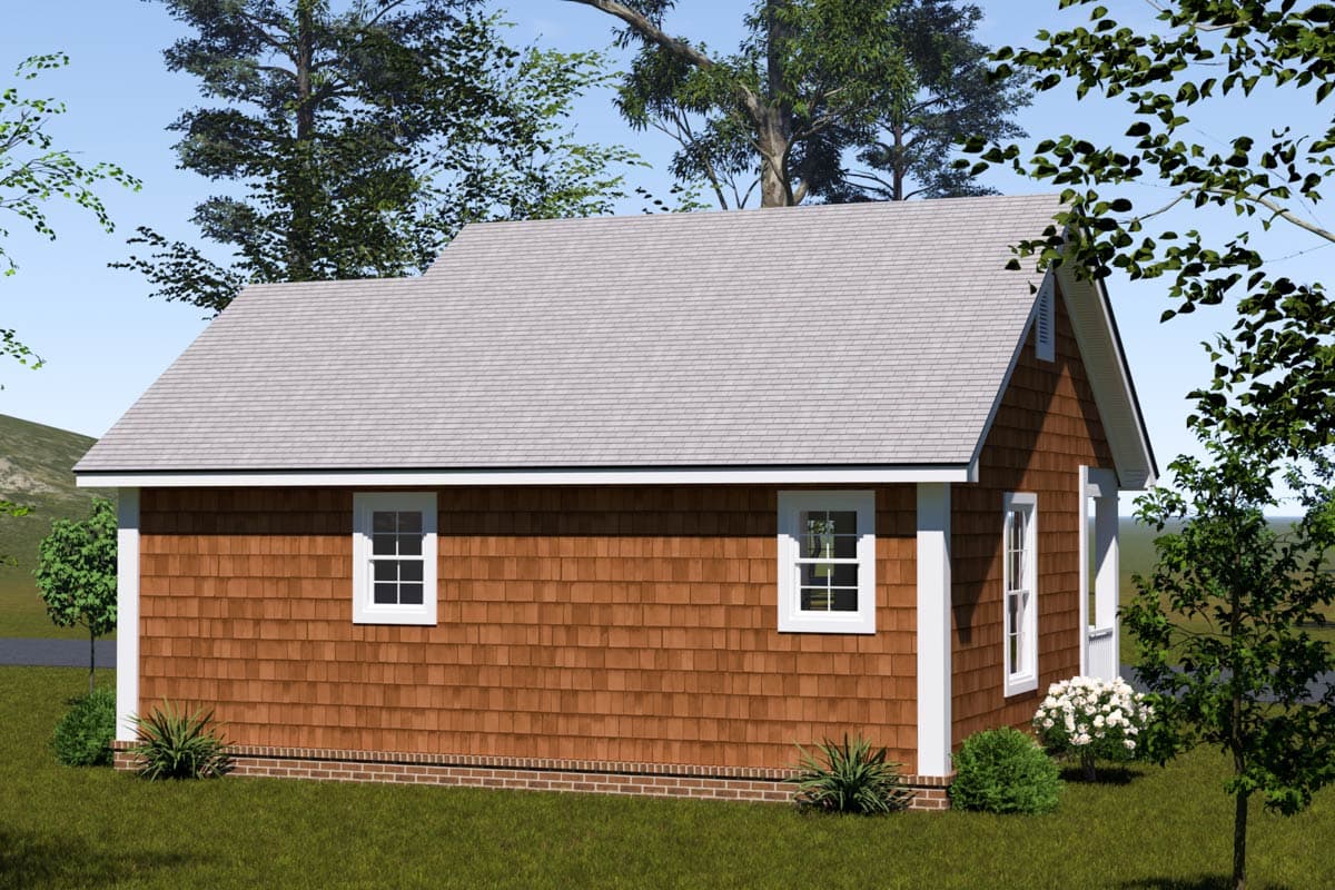 House plan exterior of a one-story cottage with cedar shake siding, a gable roof, and a small covered entry.