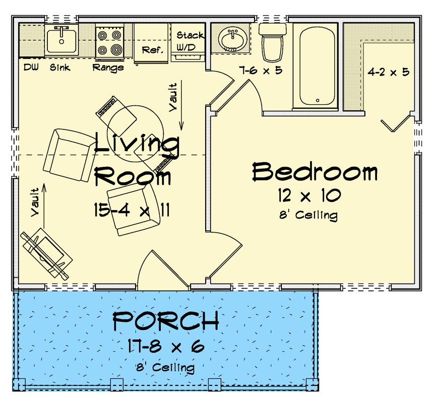 Plan 52468WM: Tiny Cottage House Plan with Vaulted Living and Charming Porch - Floor Plan - Main Level - Cottage, Craftsman