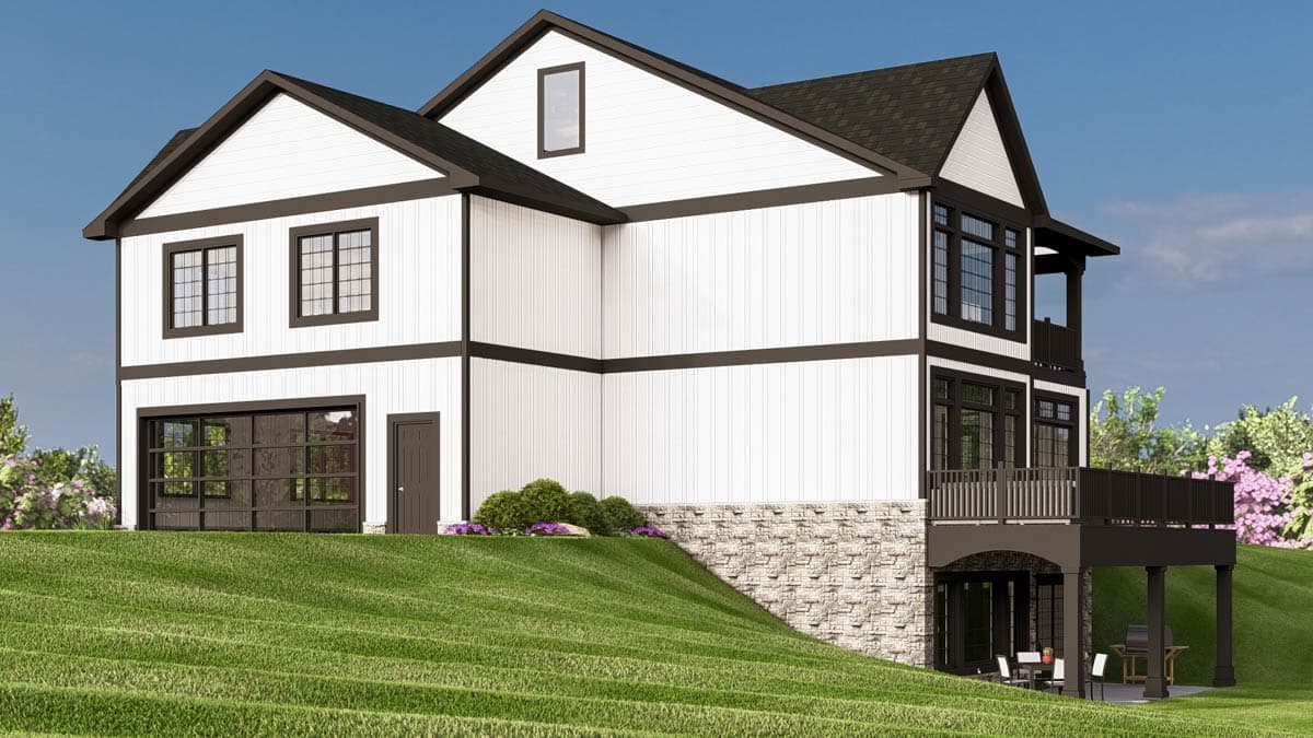 House plan exterior rendering shows a two-story modern home with a dark-framed glass garage door, white siding, and a stone foundation.