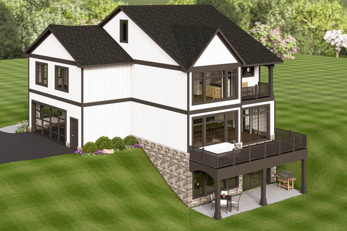 Modern Farmhouse house plan exterior, two stories, white siding, dark trim, large windows, front-facing garage, and multiple balconies.