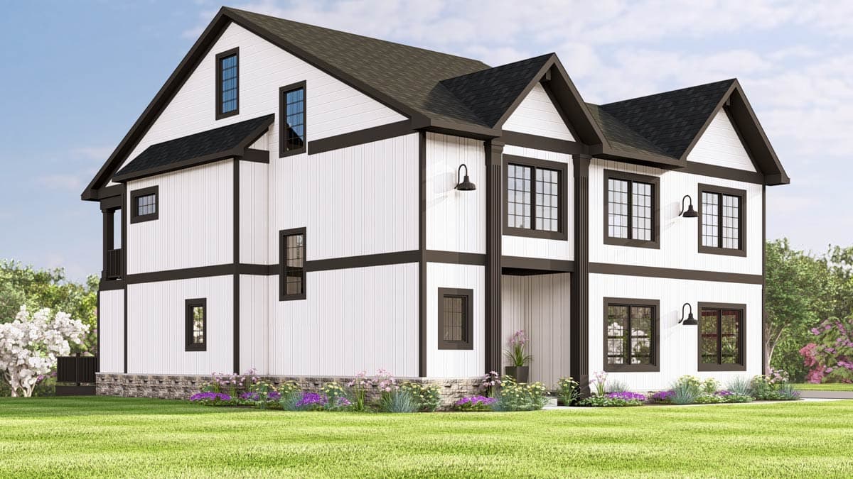 House plan exterior: two-story Modern Farmhouse with white board and batten siding, dark trim, gables, and a stone foundation.