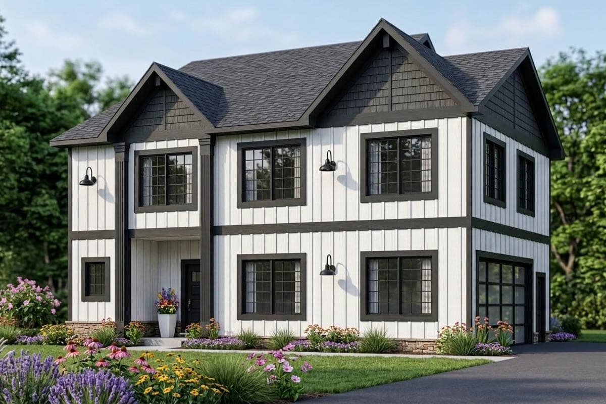House plan exterior with two stories, board and batten siding, multiple gables, and a two-car garage.