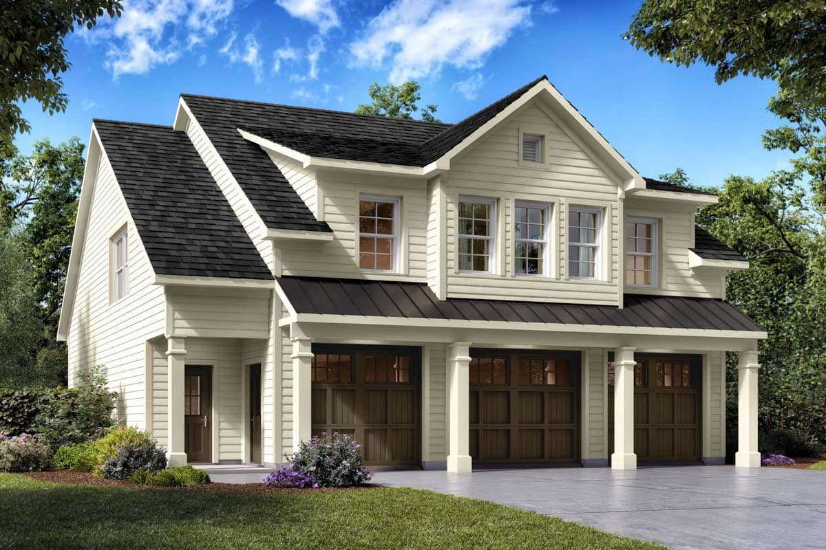 House plan exterior. Two-story Modern Farmhouse with gables, a covered porch, and a three-car garage. Features dark roof and light siding.