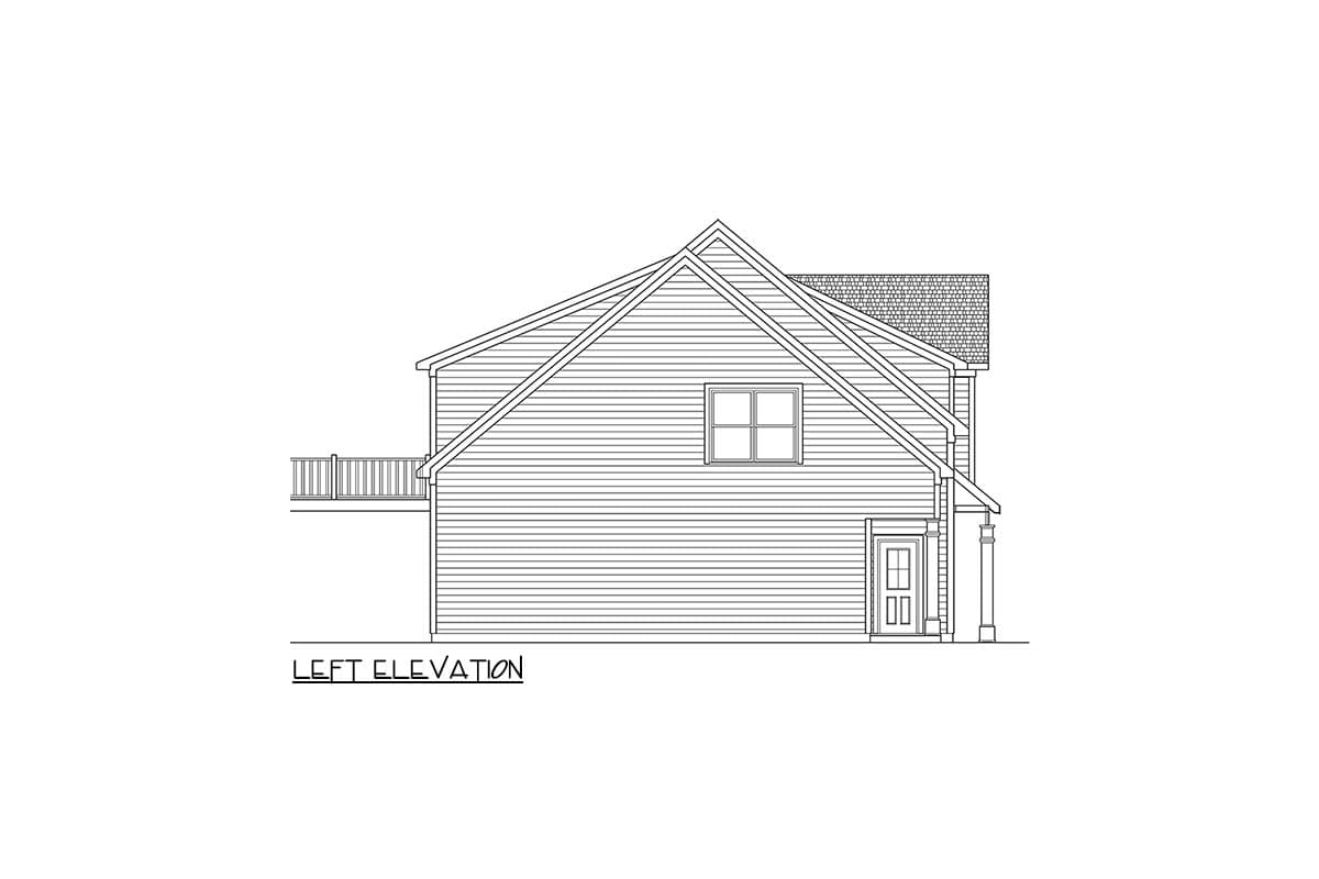 Left elevation drawing of a house plan featuring gabled dormers, a deck, and paneled door with columns.