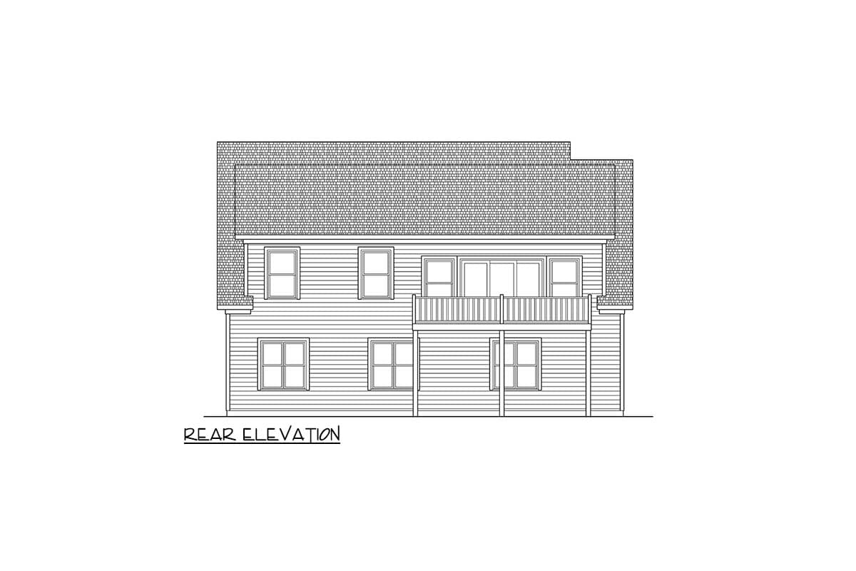 Rear elevation drawing of a two-story house with a balcony and multiple windows.