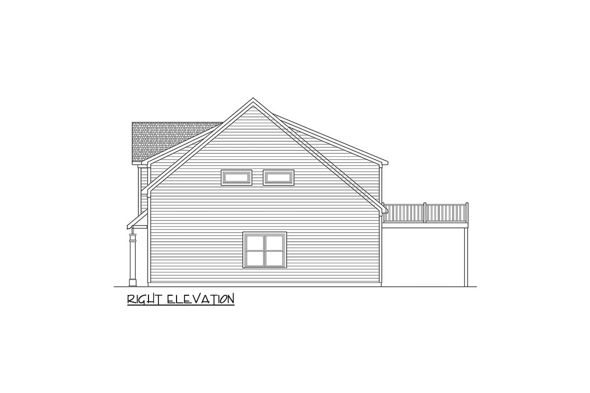 Right elevation drawing of a house plan showing horizontal siding, a gabled roof, dormer windows, and a deck.