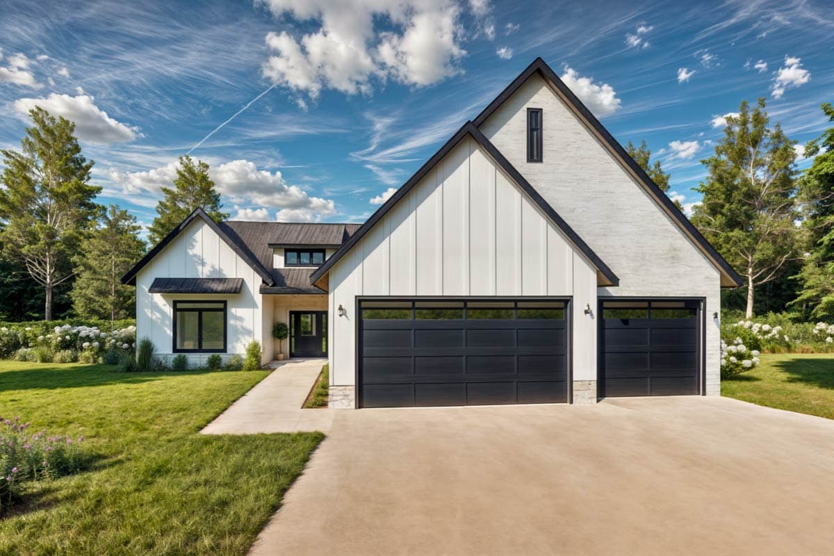 Modern Farmhouse house plan exterior with white board-and-batten siding, black metal roof, and attached two-car garage.