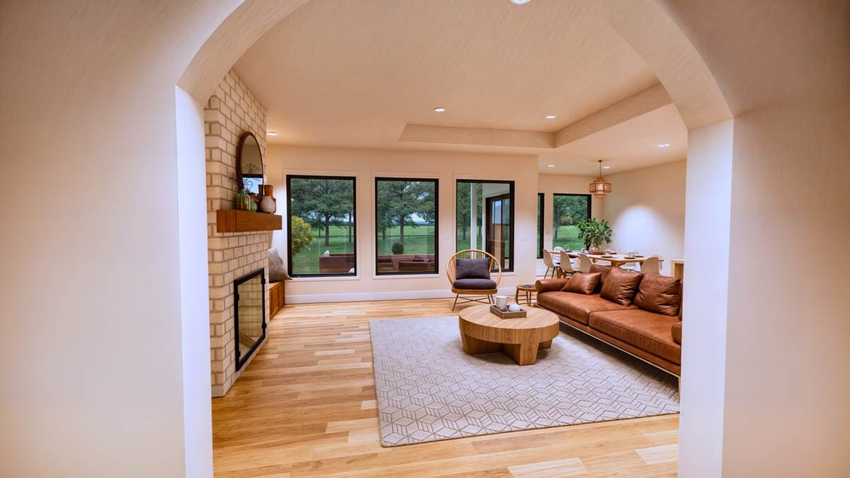 Rendering of an open-concept living and dining area with a brick fireplace, large windows, and a leather sofa.