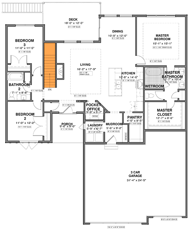 Plan 600017PDZ: Modern Farmhouse House Plan: Open Concept, Split Bedrooms, 3-Car Garage - Floor Plan - Basement Stairs Location - Modern Farmhouse