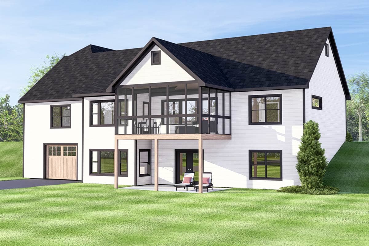 House plan exterior: Two-story Modern Farmhouse with attached garage, screened porch, and deck.