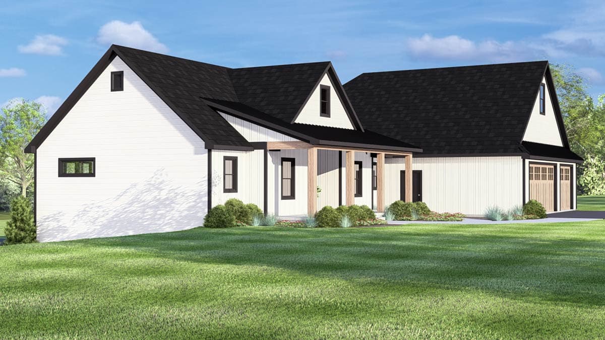 Modern Farmhouse house plan exterior with white siding, black roof, covered porch with wood posts, and a three-car garage.
