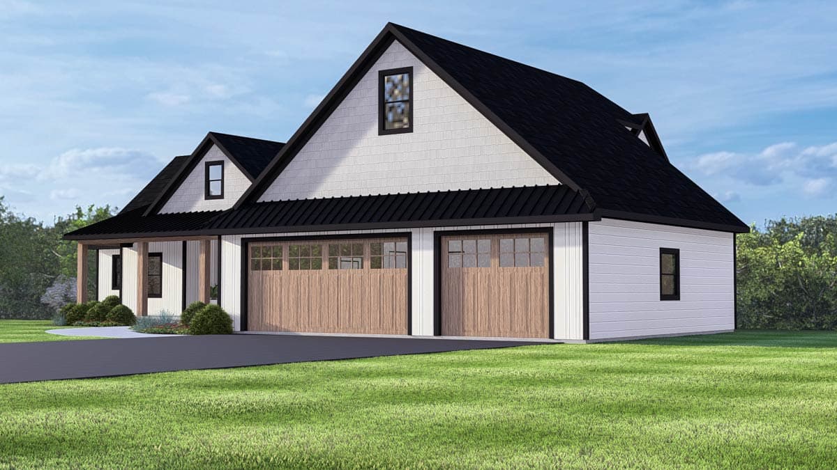 Modern Farmhouse house plan exterior with white siding, black metal roof, two-car garage with wood doors, and covered entry.