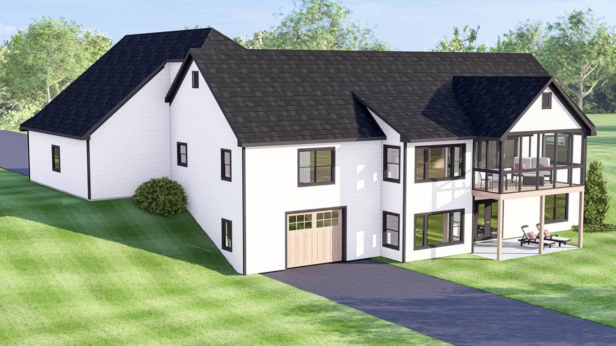 House plan exterior: Two-story modern home with a gable roof, attached garage, and screened porch.