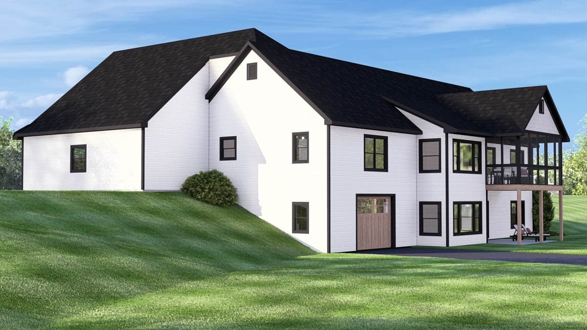 House plan exterior of two-story Modern Farmhouse with white siding, black trim, gables, attached garage, and screened porch.