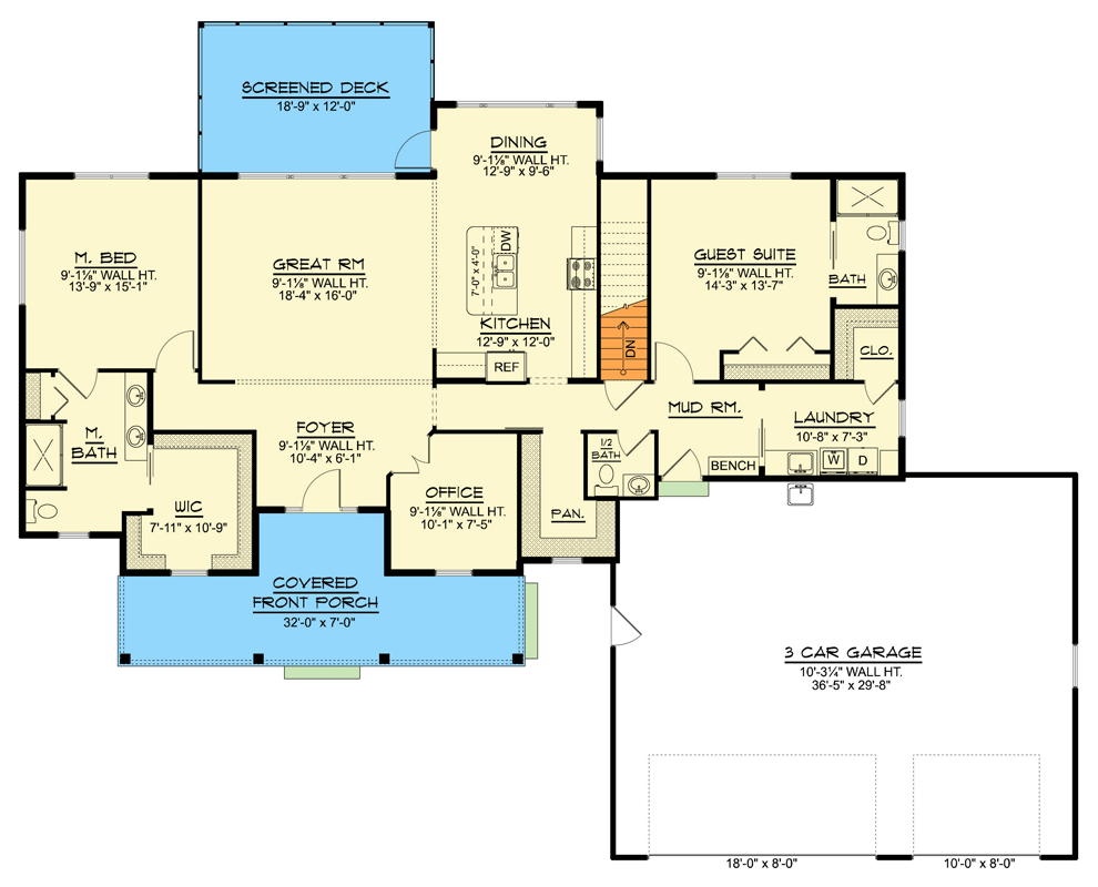 Plan 135384GRA: Modern Farmhouse House Plan with Screened Deck, Office & Workshop - Floor Plan - Main Level - Farmhouse, Modern Farmhouse