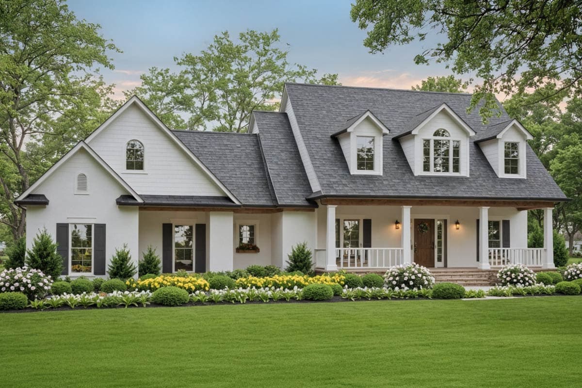 House plan exterior with two stories, a front porch with columns, gables, and dormers. The house features a dark shingle roof and shutters.