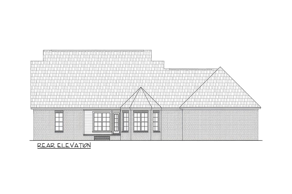 Rear elevation drawing of a house plan featuring brick and siding, multiple windows, and varied rooflines.