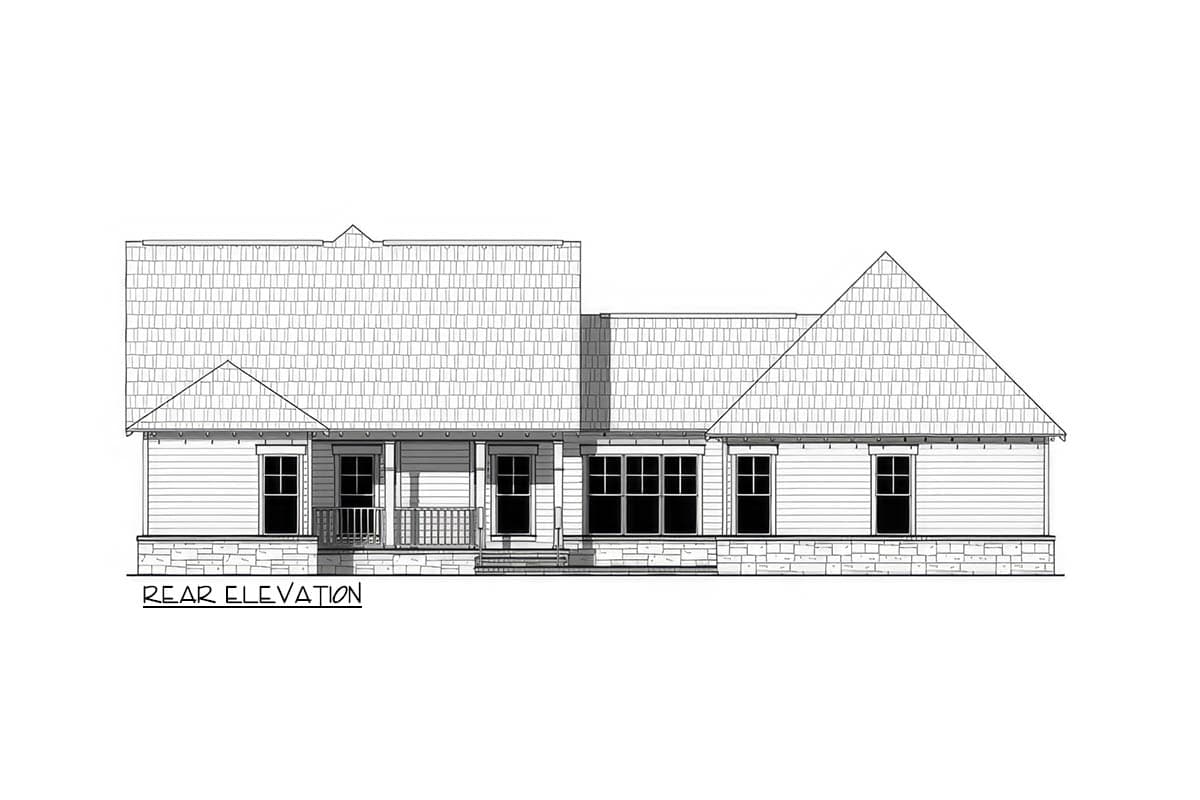 Rear elevation drawing of a one-story house plan with a covered porch, multiple gables, and a stone foundation.