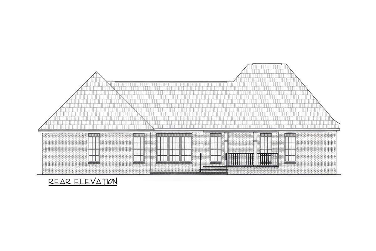 Rear elevation drawing of a single-story brick house with a hip roof, multiple gables, and a covered porch with railings.