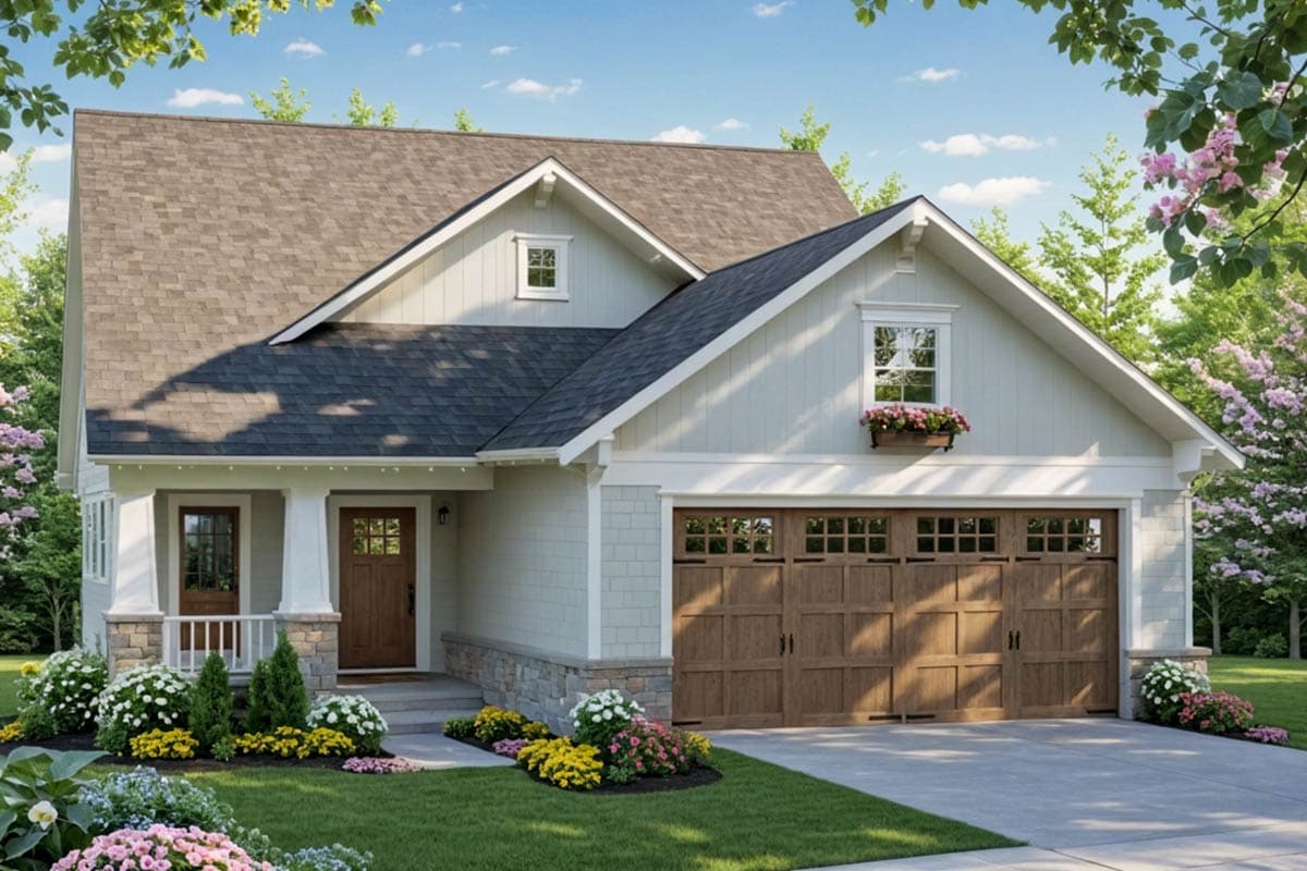 House plan exterior featuring a Craftsman style with two stories. Key features include a front porch, gables, and a prominent garage door.