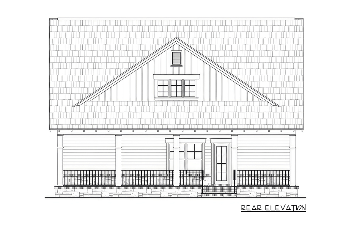 Rear elevation house plan with a prominent gable, dormer window, full-width porch, and traditional siding.