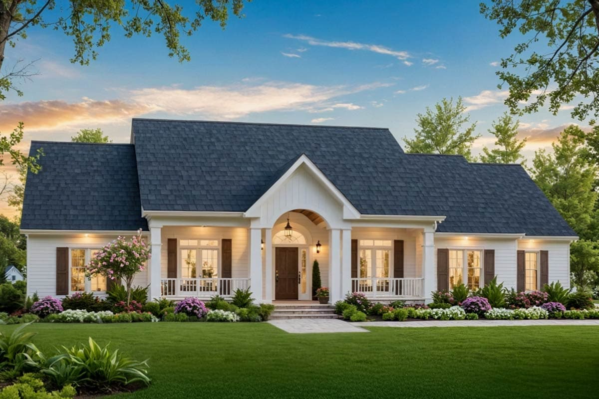 House plan exterior. Two-story farmhouse with a front porch, gables, and a dark shingle roof. Features include columns and shutters.