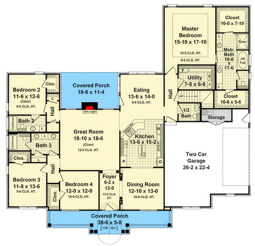 Plan 51290MM: Four-Bedroom New American House Plan with Main-Level Master Suite - Floor Plan - Main Level - Country, Modern Farmhouse, New American, Ranch