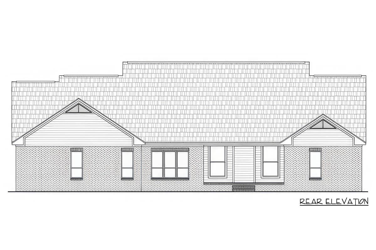 Rear elevation house plan with brick lower level, siding upper gables, and multi-pane windows.