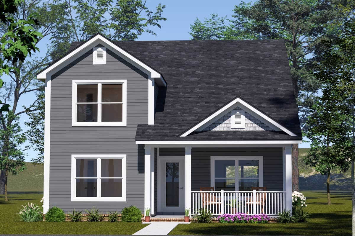 House plan exterior: Two-story home with a front-facing gable, covered front porch, and vinyl siding.
