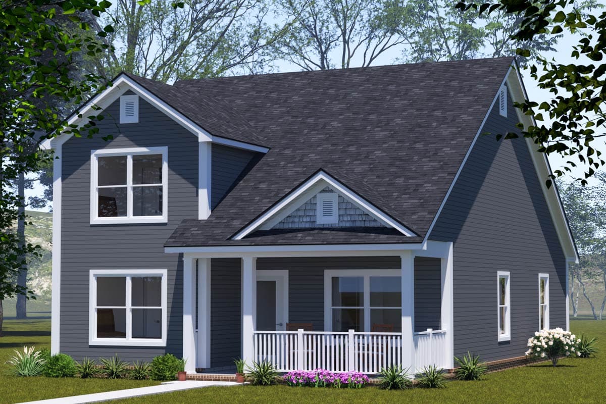House plan exterior with two stories. Features include a front porch with white railing, gables with decorative vents, and a dark shingled roof.