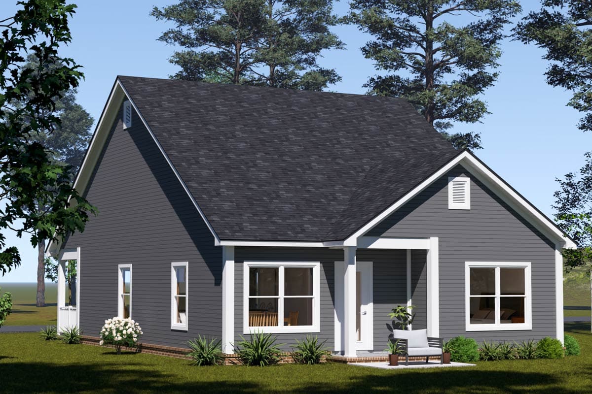 House plan exterior: one-story home with gabled roof, vinyl siding, front porch, and multiple windows.