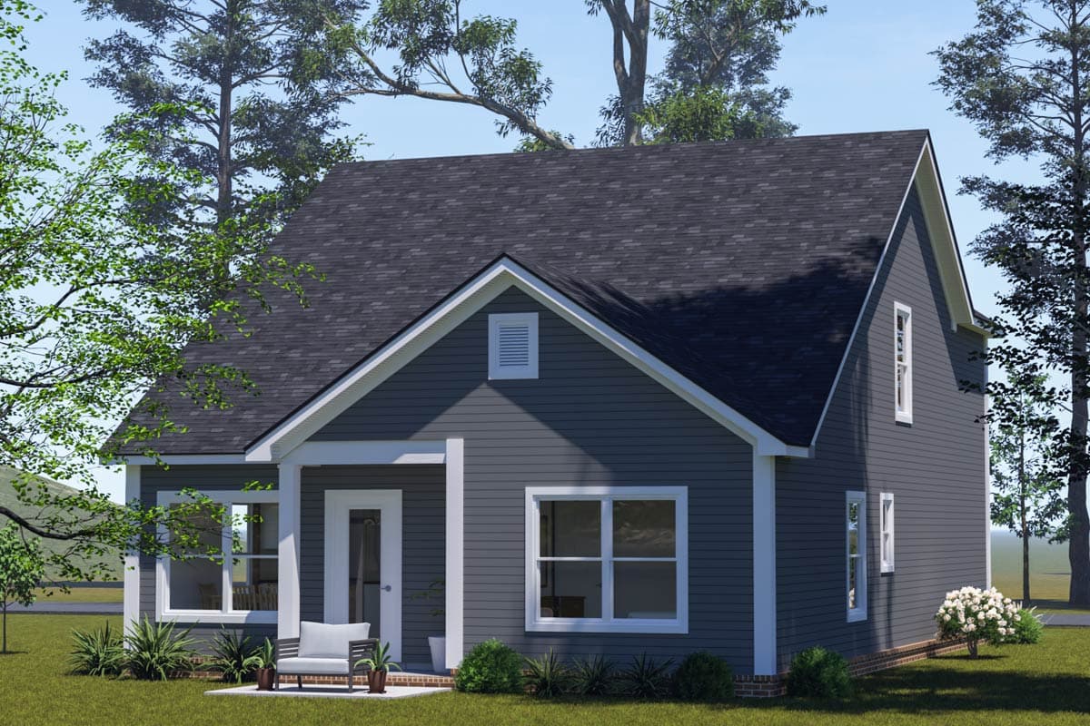 House plan exterior: Gable roof, front entry porch, siding, and multiple windows. Two stories with visible dormers.