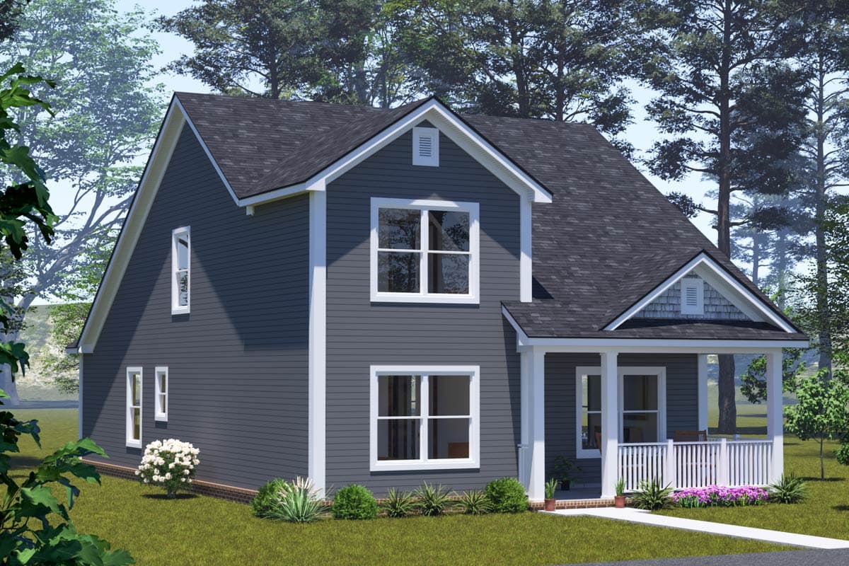 House plan exterior: two-story, dark gray siding, gable roof, prominent front porch with white railings.