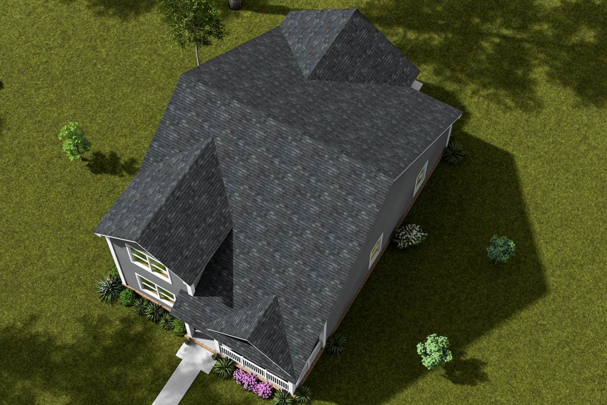 House plan exterior, two stories, gable roof, front porch with white railings, and multiple dormers.