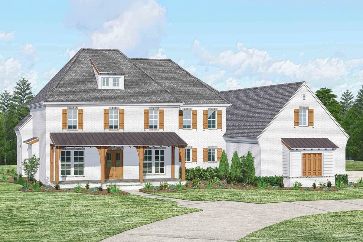 House plan exterior. Two-story home with a covered porch, dormers, and a gabled roof. Features include wood shutters and a detached garage.