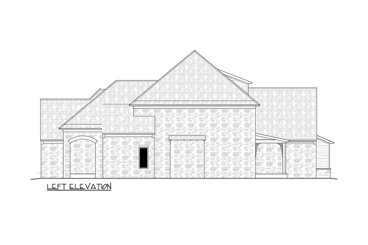 Left elevation drawing of a brick house with a large gabled roof, arched garage entrance, and covered porch.