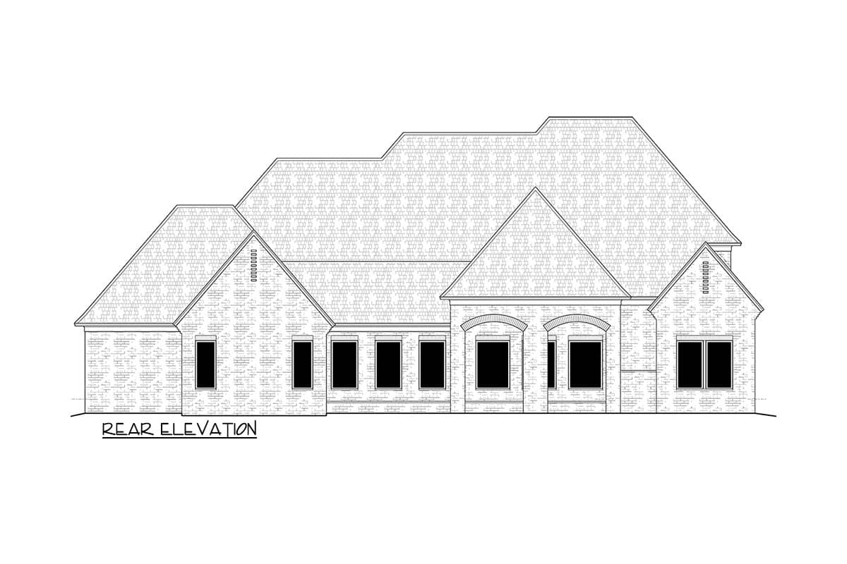 Rear elevation drawing of a brick house with multiple gables, varied rooflines, and numerous windows.