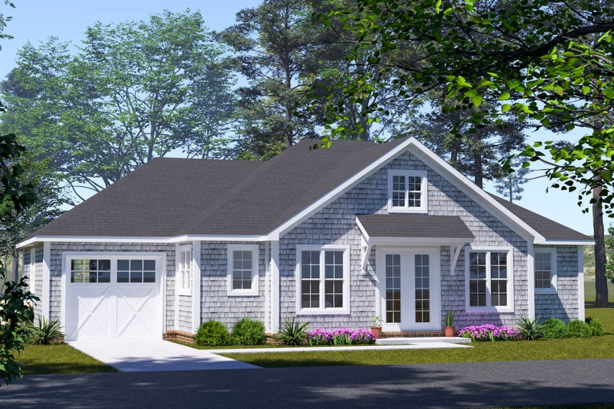 House plan exterior featuring a Cape Cod style with a single story, gabled roof, dormers, and an attached garage.