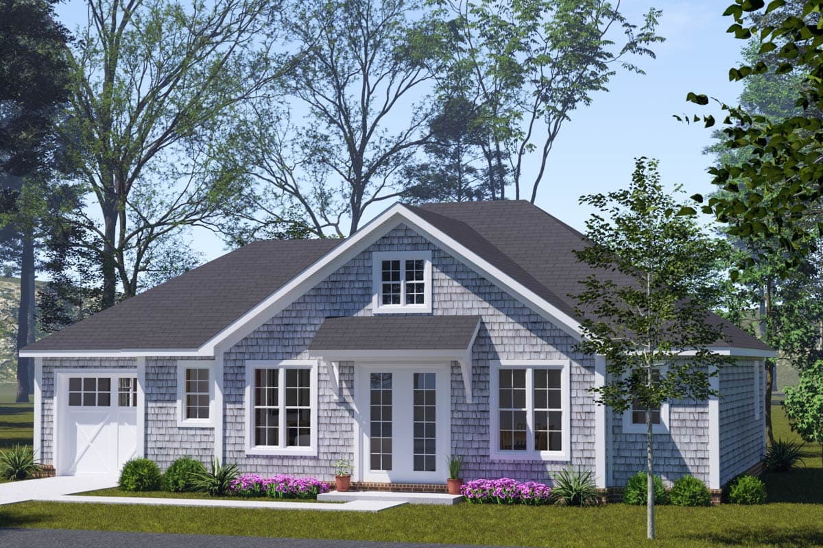 House plan exterior: Cottage style, one story, with shingle siding, gabled dormer, and attached garage.