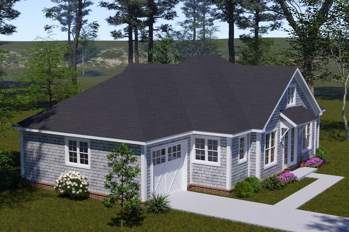 House plan exterior: one-story Modern Farmhouse with shingle siding, gabled dormer, and attached garage.