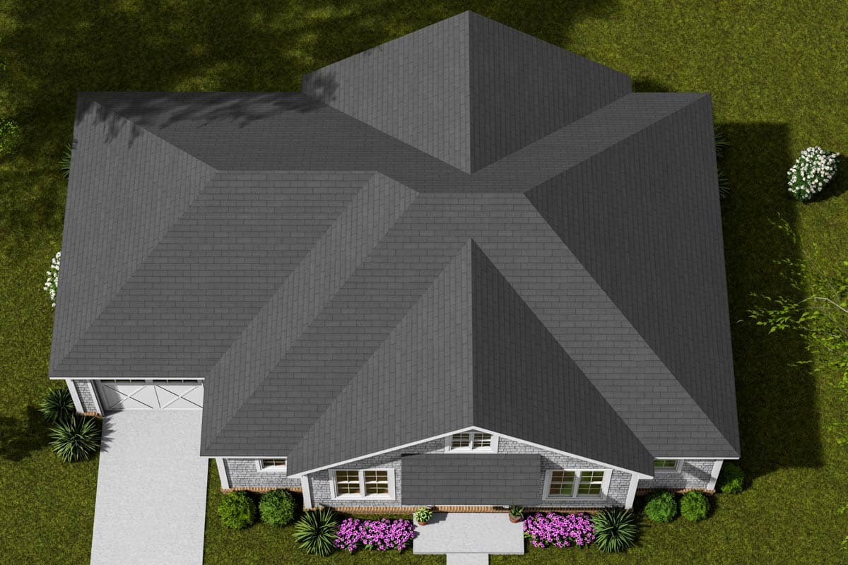 House plan exterior, 1.5 stories, complex rooflines, attached garage, and front porch with gables.