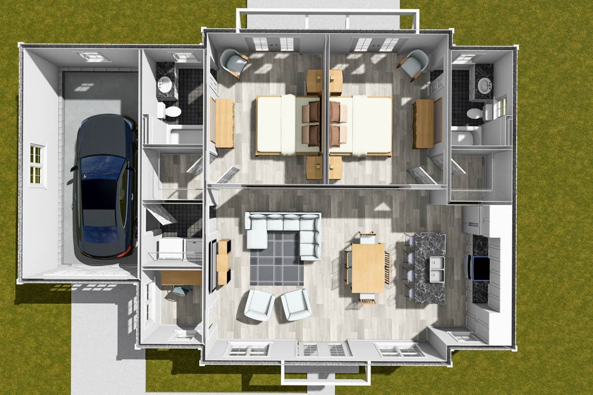 House plan rendering of an open layout featuring a living area, dining room, kitchen with island, two bedrooms, and an attached garage.