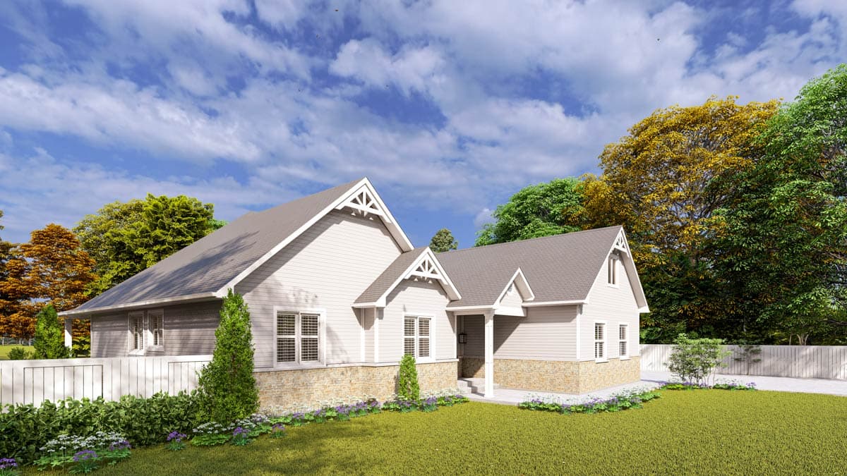 House plan exterior: Two-story Modern Farmhouse with gable details, stone base, and covered entry porch.