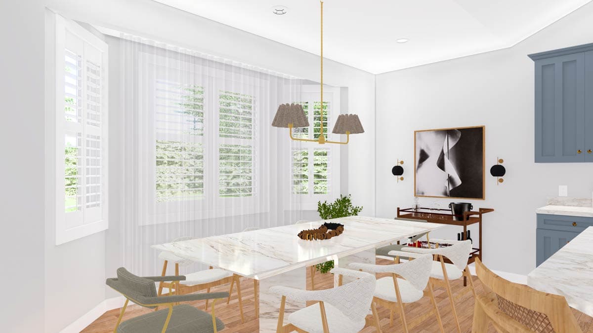 Dining room rendering with marble-top table, modern chairs, blue cabinetry, and plantation shutters on windows.