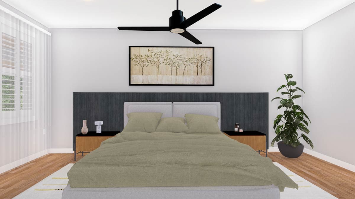 Primary bedroom rendering with a king bed, dark wood headboard, nightstands, plant, artwork and black ceiling fan.