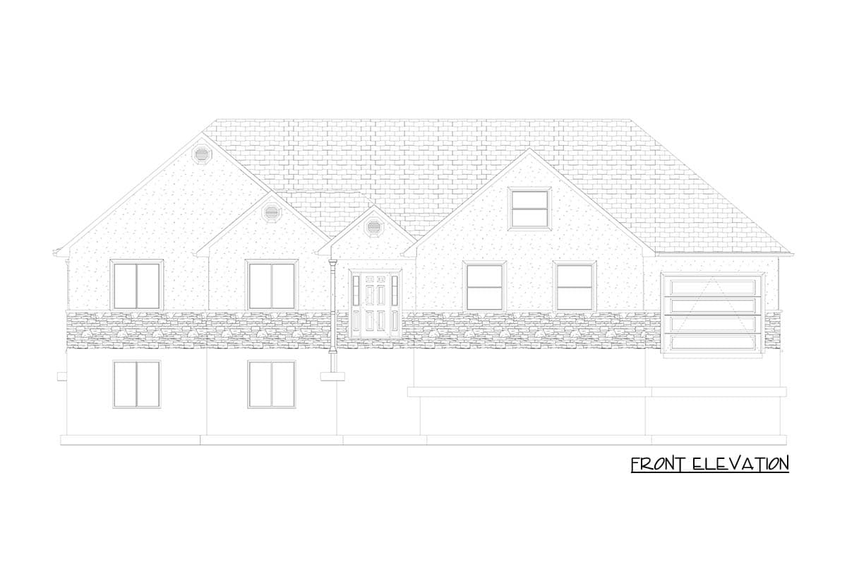 Front elevation drawing of a two-story house with multiple gables, stone wainscoting, dormers, and a glass garage door.