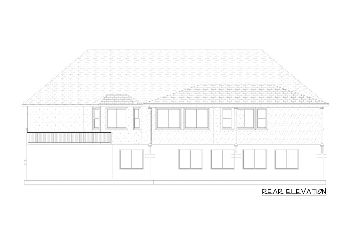 Rear elevation drawing of a house plan featuring a pitched roof, brick texture, multiple windows, and a deck.